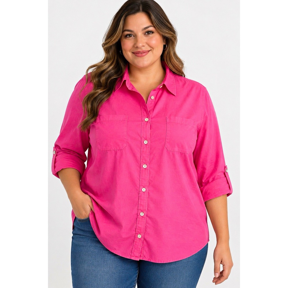 Merona Pink 100% Cotton Collared Button-Up Shirt 3/4 Sleeve Pockets 2XL NWT